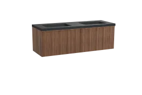 Balmani Forma meuble salle de bains suspendu 150 x 55 cm noyer américain avec Napoli double vasque en granit noir, Nervure circu
