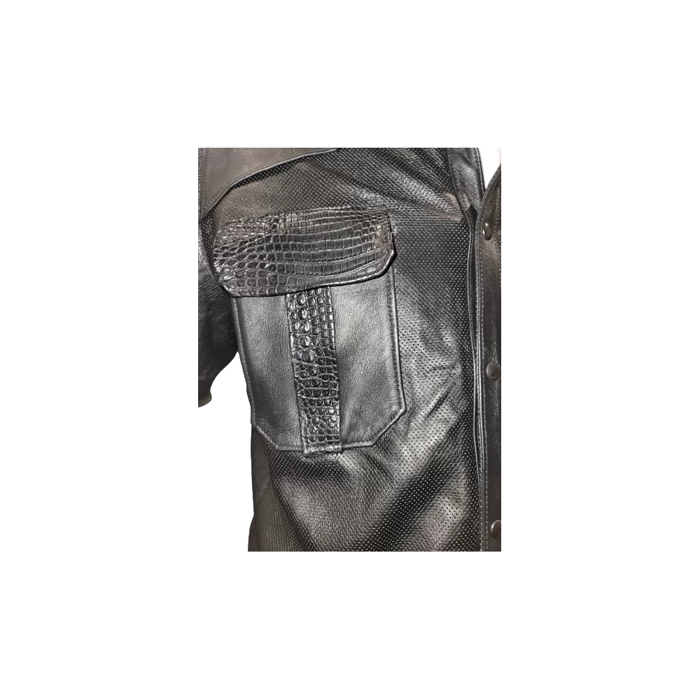 Chemise vachette plongé et peau de crocodile véritable sur poches et col couleur noir modèle Kalami