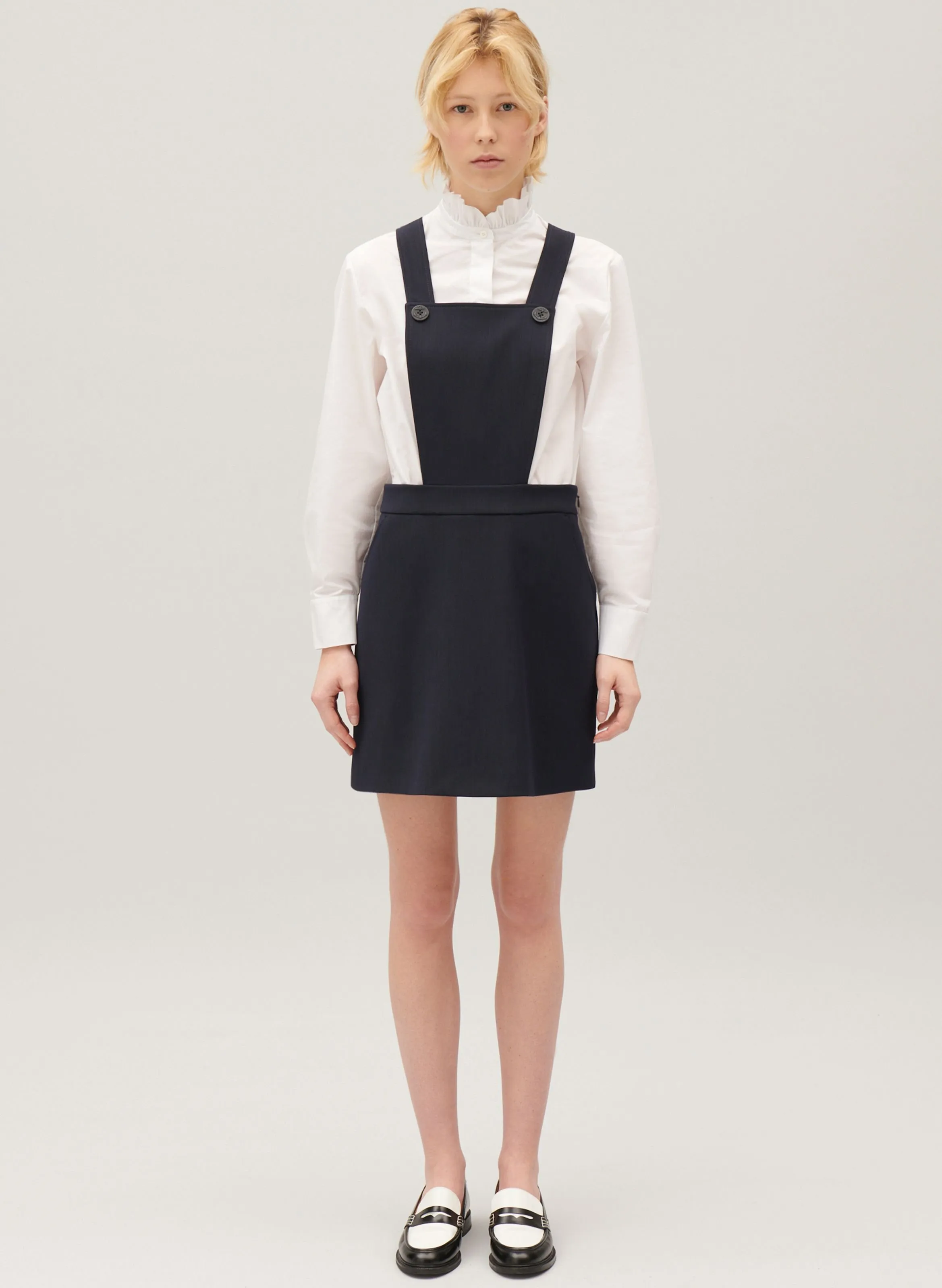 CLAUDIE PIERLOT  Robe droite tablier col victorien à bretelles croisées - Bleu