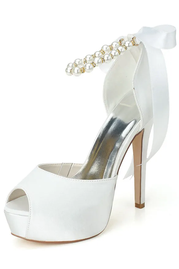Escarpin de mariage bout ouvert à bride en perle