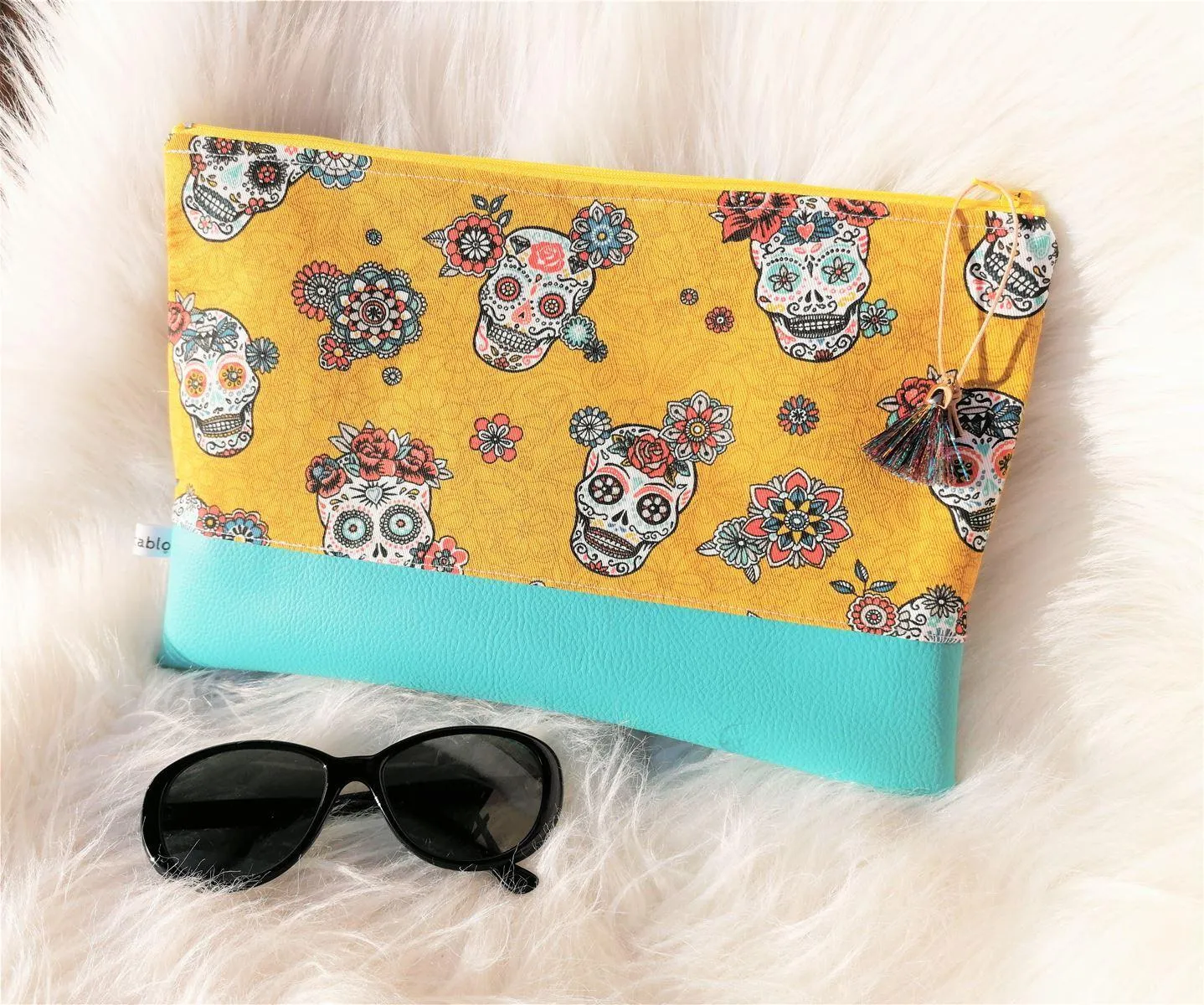 Grande pochette plate femme bi-matière calaveras