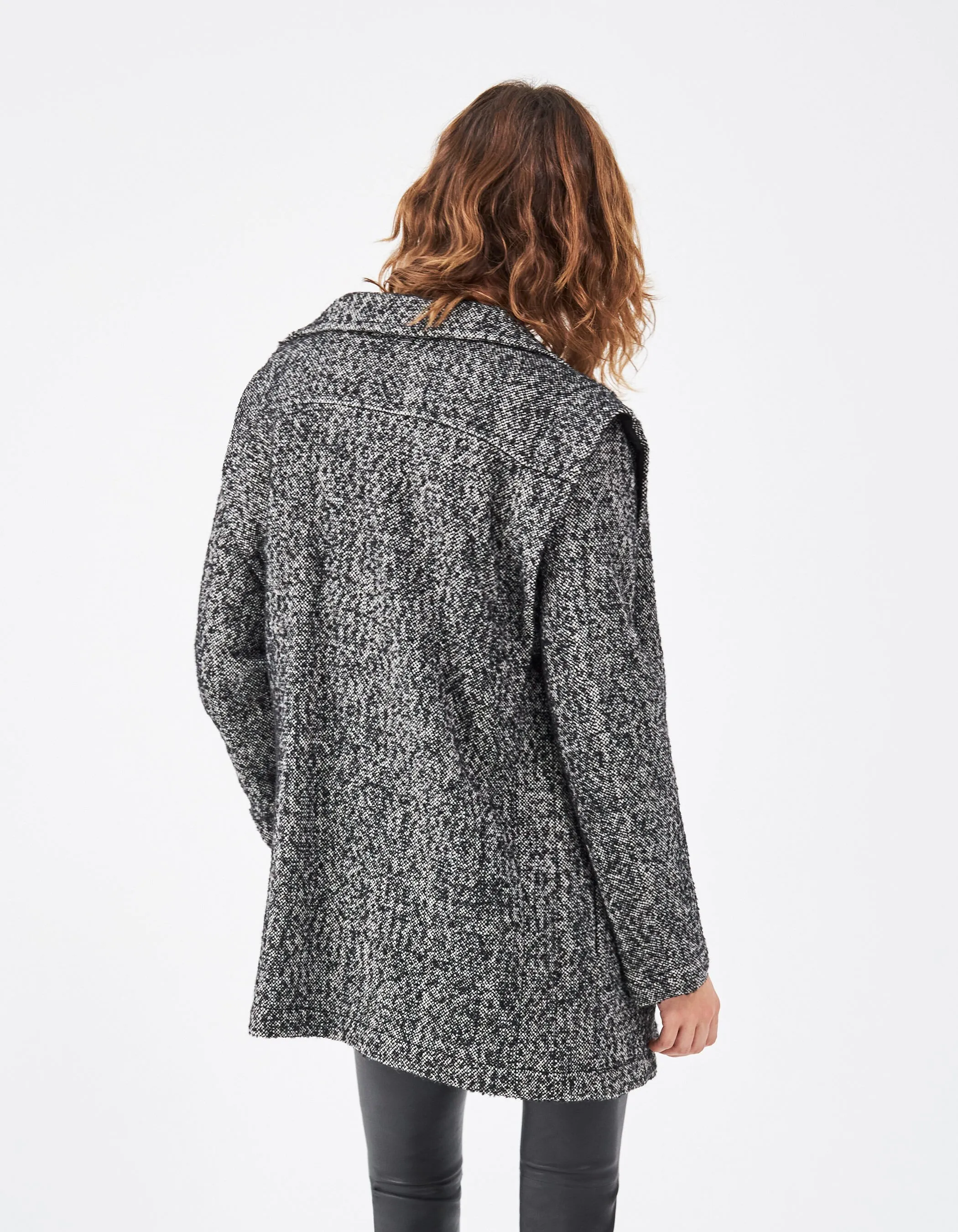 Manteau en mix laine noir col faux cuir femme
