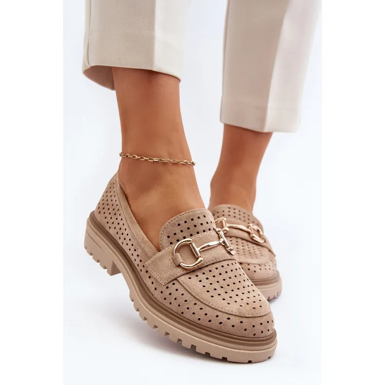 Mocassins Femme Ajourés Avec Décoration, Beige Talesse