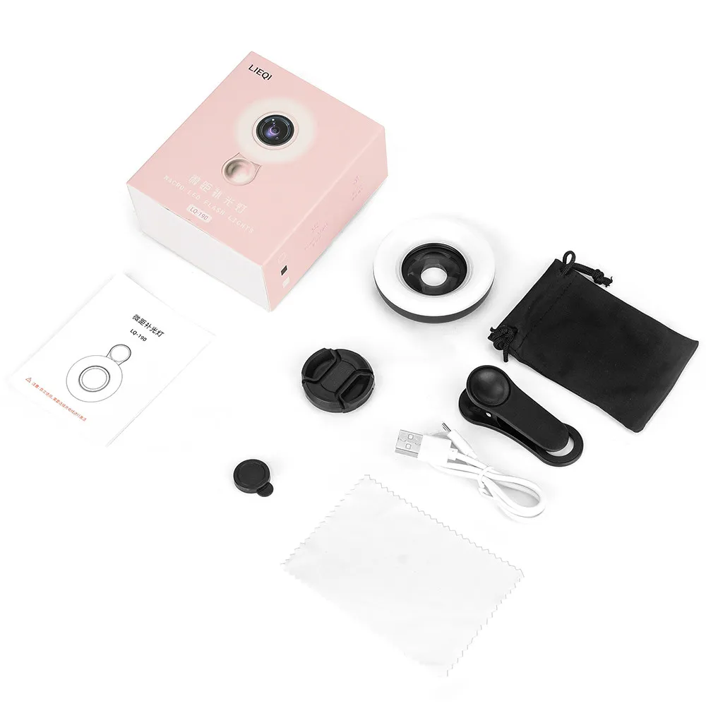 Objectif Macro 15X téléphone portable objectif de caméra HD avec anneau LED Flash lumière Smartphone Selfie Live lampe lumière d
