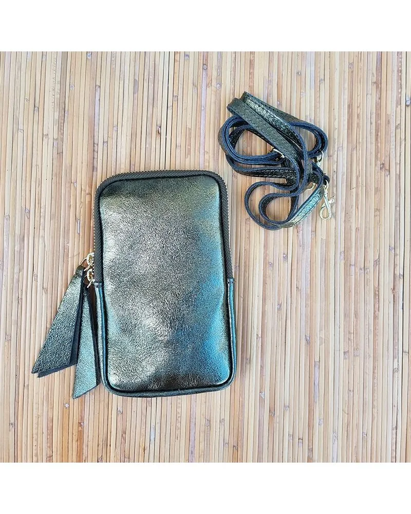 Pochette téléphone cuir irisé | Couleur kaki| Zosha Collection