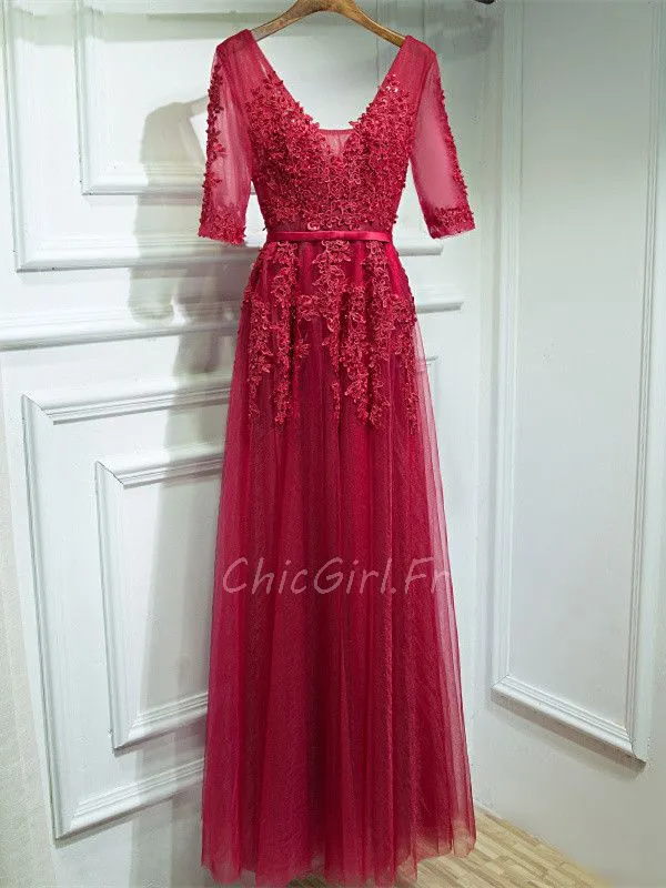 Robe De Soirée Bal Classique Longue Rouge Tulle Dentelle Col V Manche 3 4