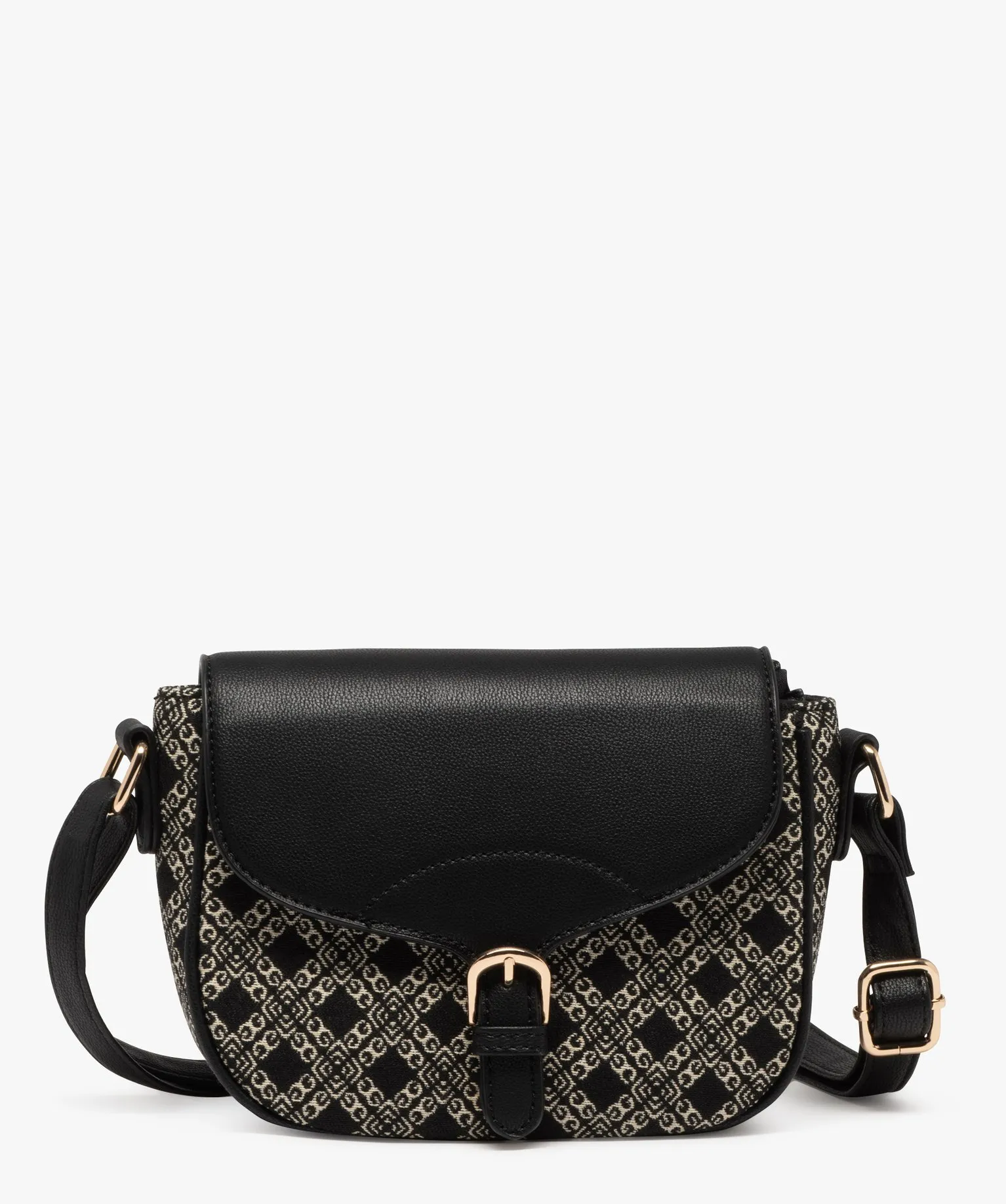 Sac bandoulière en toile tissée avec rabat aspect cuir femme noir