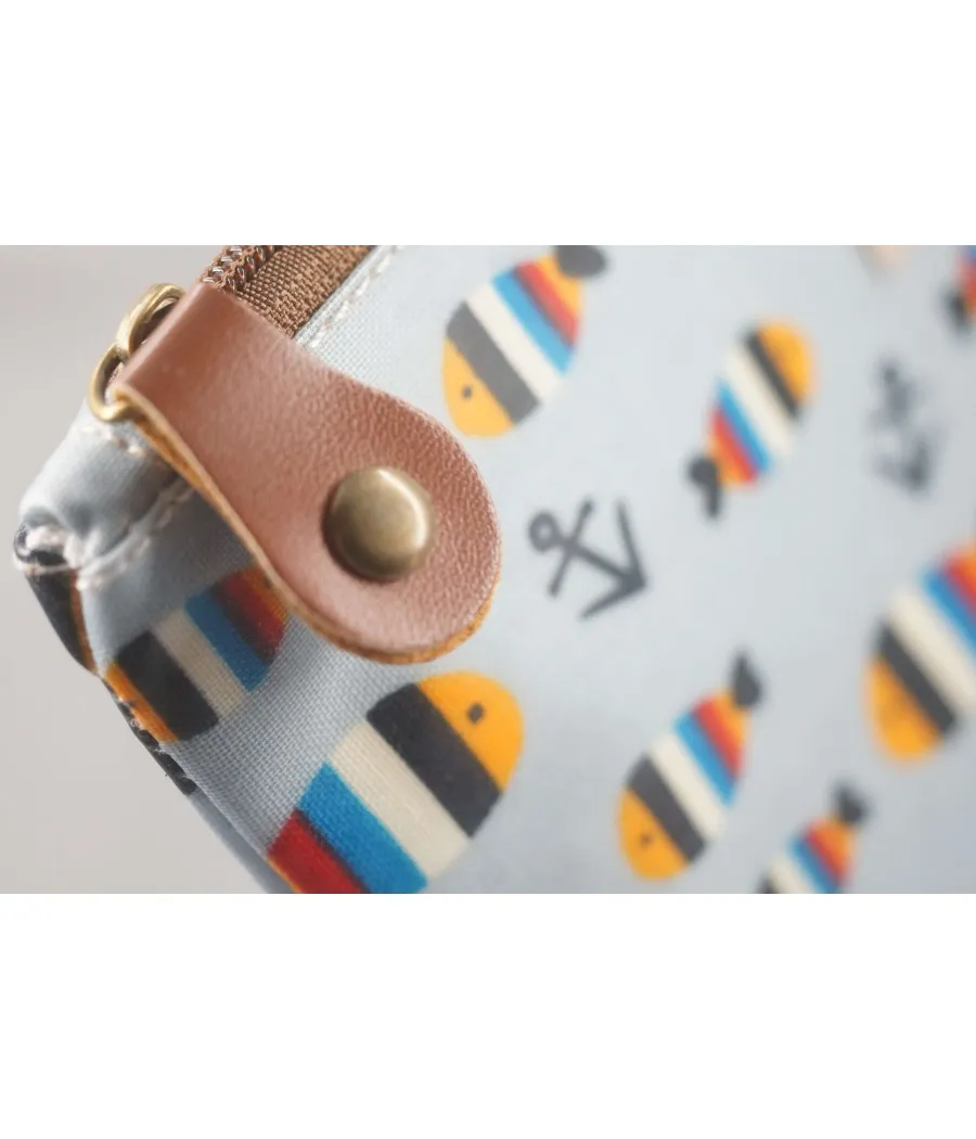SANTAIA TROUSSE POISSONS RAYURES COTON BLEU CIEL PLASTIFIE IDEAL PLAGE